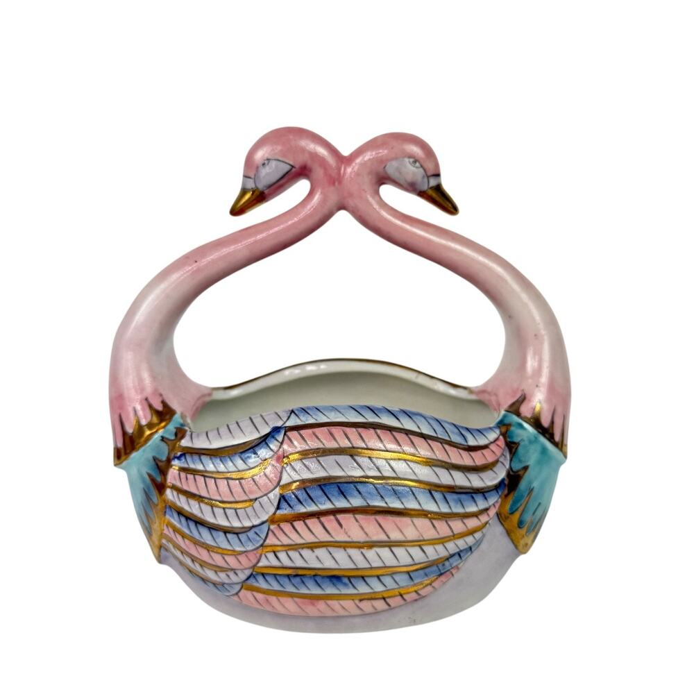 The Oklahoma Importing Company Double Headed Pink Swan Vase Basket Vintage